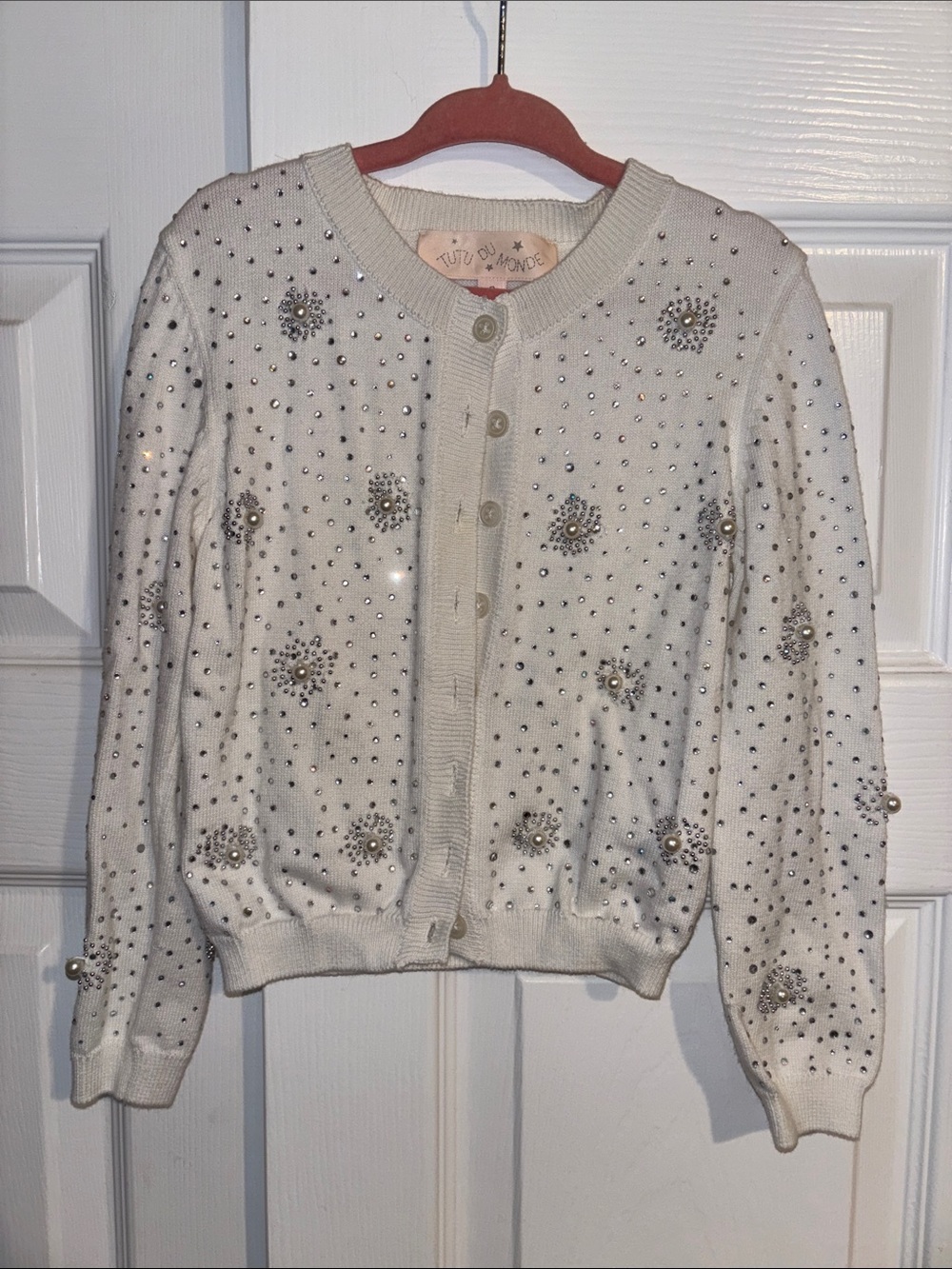 Tutu Du Monde Cream Pearl & Crystal Embellished Knit Cardigan